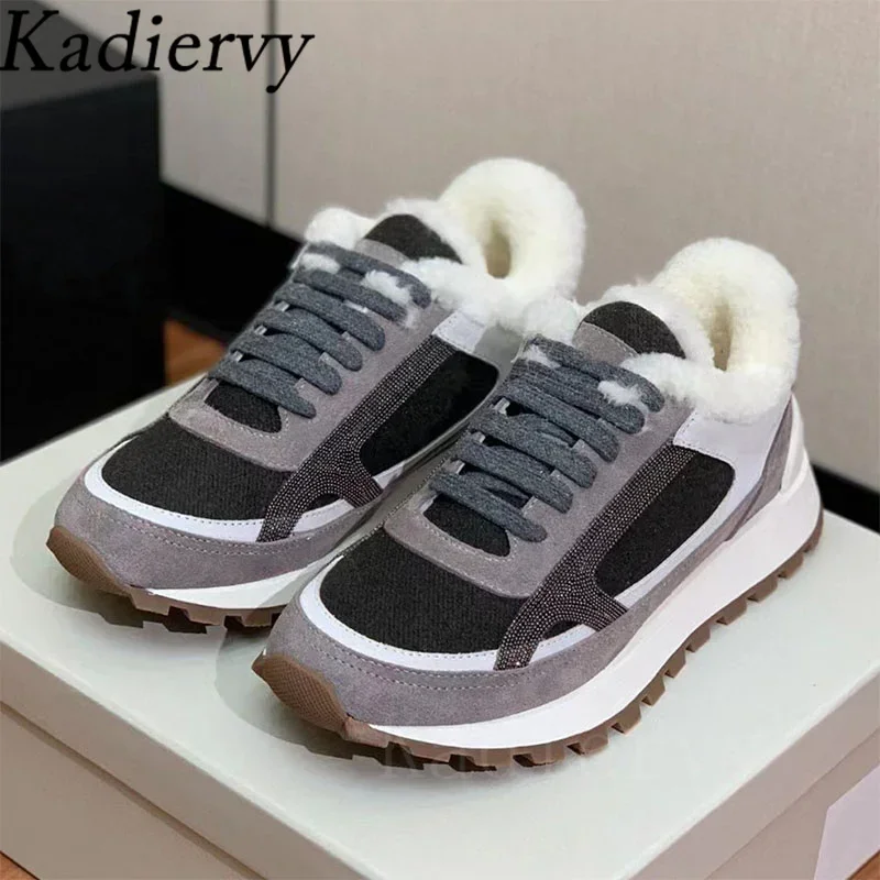 Winter Sneakers Women Lace Up Round Toe Flat Shoes WomanSuede Leather Patchwork Running Shoes Wool Warm Women\'s Sports Shoes