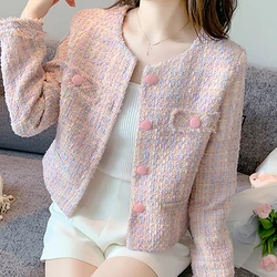 HELIAR Women Elegant Jacket Pink Tweed Buttons Up Cardigan Coat Female Long Sleeve Tassel Office Outerwear Autumn Winter