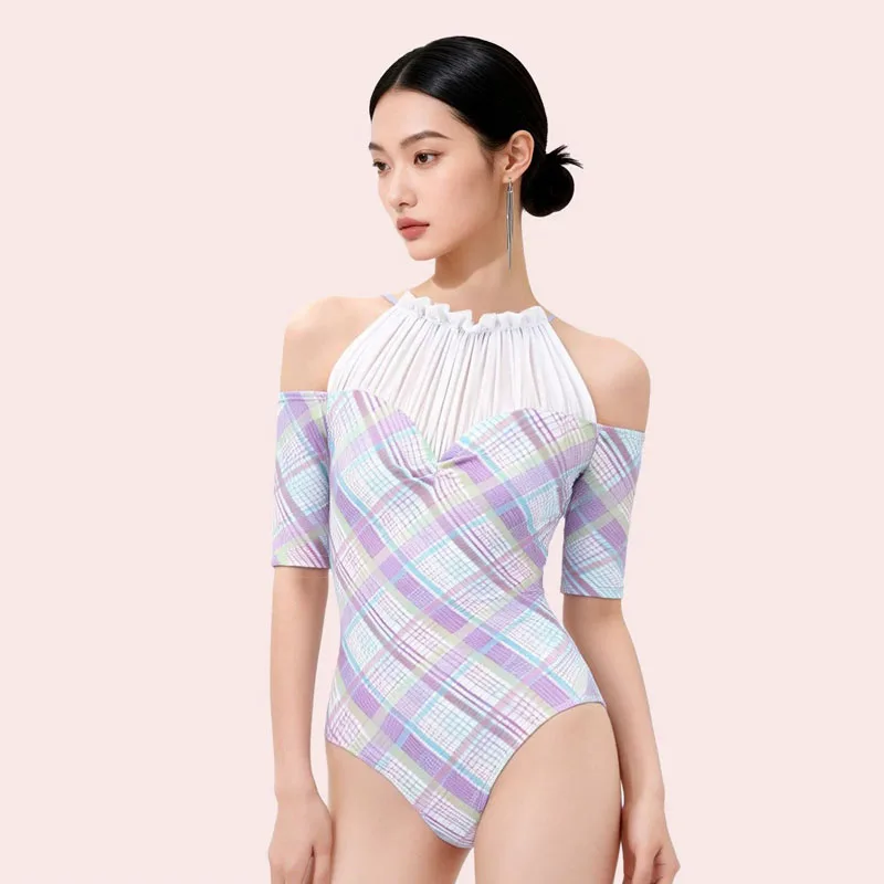 

Новые клетчатые балетные купальники для женщин: гимнастические, для йоги, танцевальные, с открытыми плечами, рукавом до локтя и жатым воротником