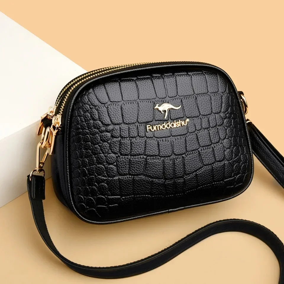 Women Crocodile Texture Small Crossbody Bag, Triple Zipper Pocket Faux Leather Shoulder Purse, Lightweight Casual Mini Sling Bag