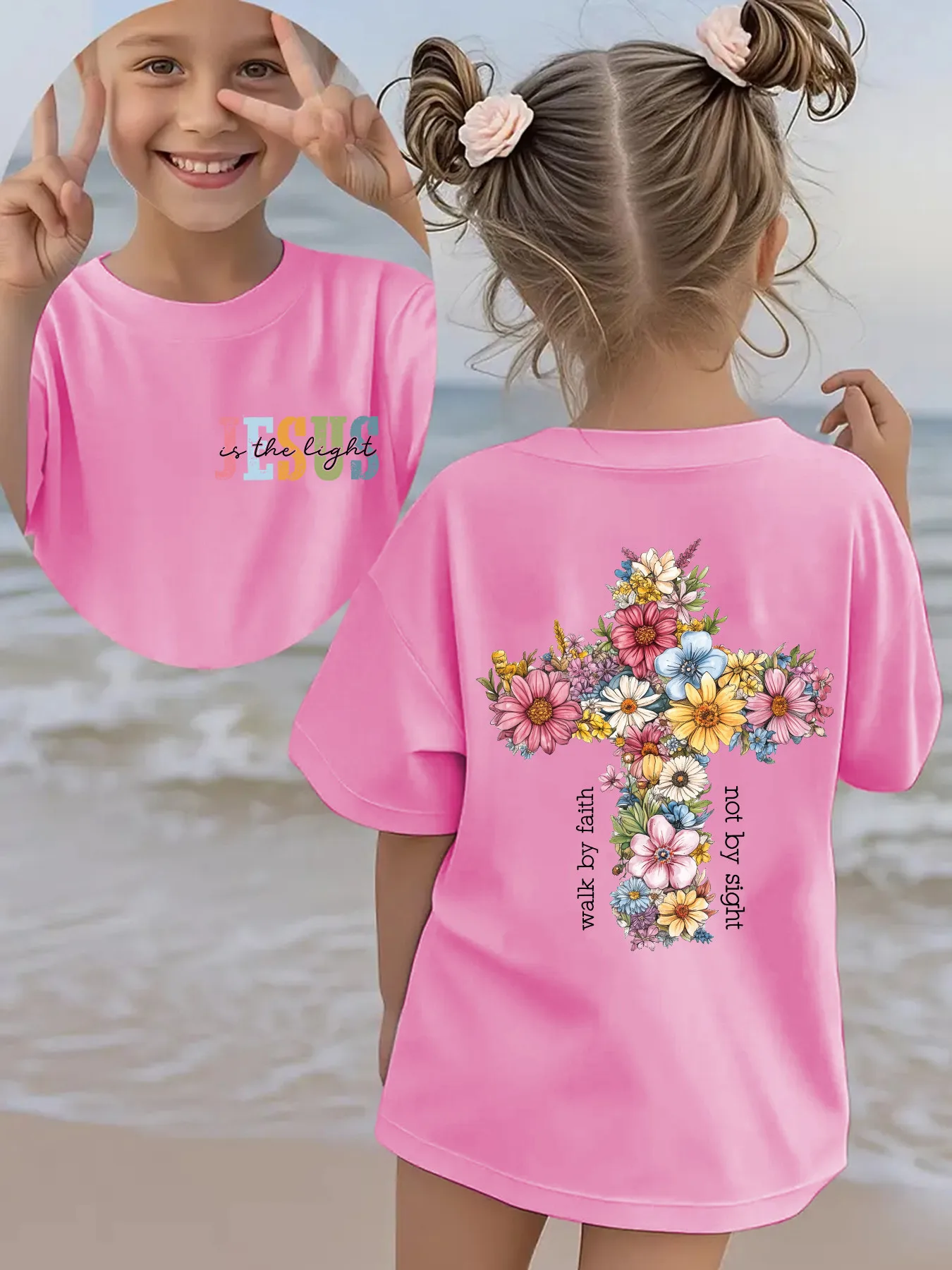 Summer Fashion Children's T-shirt with Flower Composition, Cross Letter Element, Double-sided Printed Casual Parent-child Top