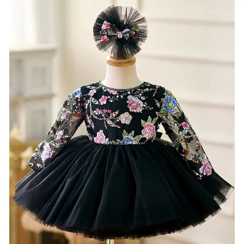 New Naturally fluffy girl dress birthday dance party sequin dress graduation banquet Big bow evening dress girls Wedding dresses