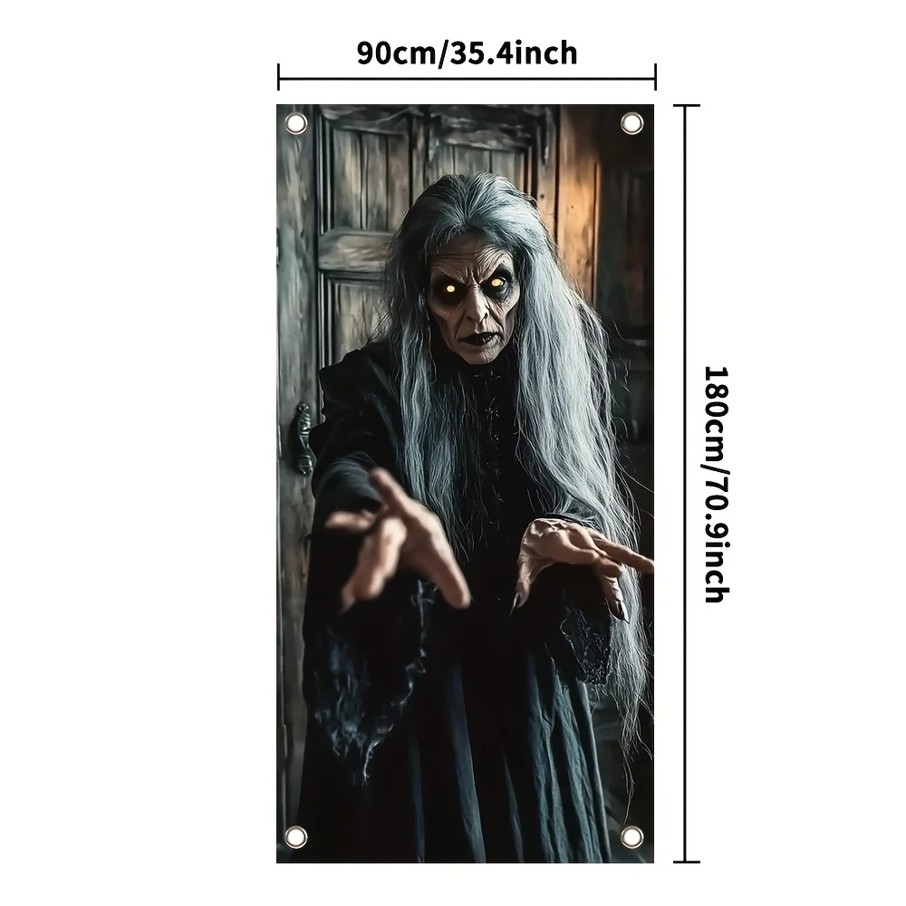 1 x Halloween Door Curtain - Horror Medieval Black Witch Design