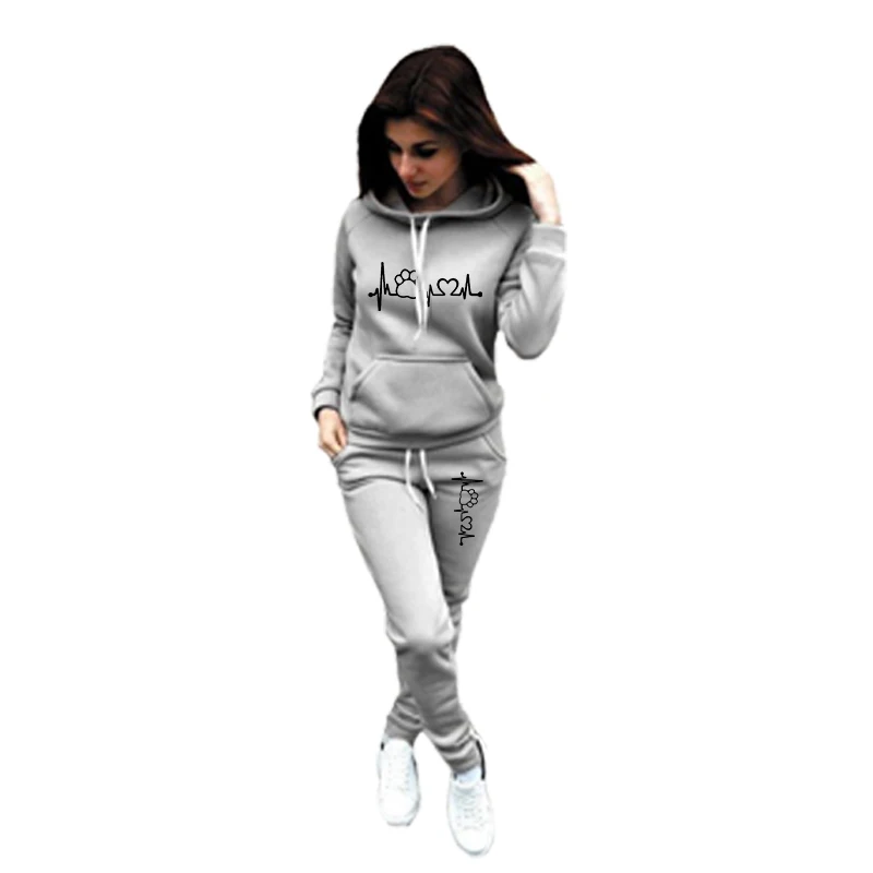 Hot Autumn Winter Womens Hoodie + Sweatpants 2-piece Sweat Suits Tracksuits Hooded Jogging Cat Scratch Print Sports Suits