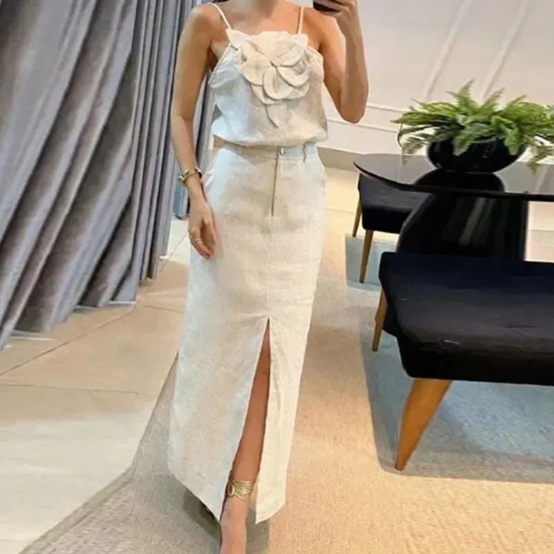 

Women's Fashion Three-Dimensional Flower Camisole Top with Pocket Skirt Temperament Cotton and Linen Set