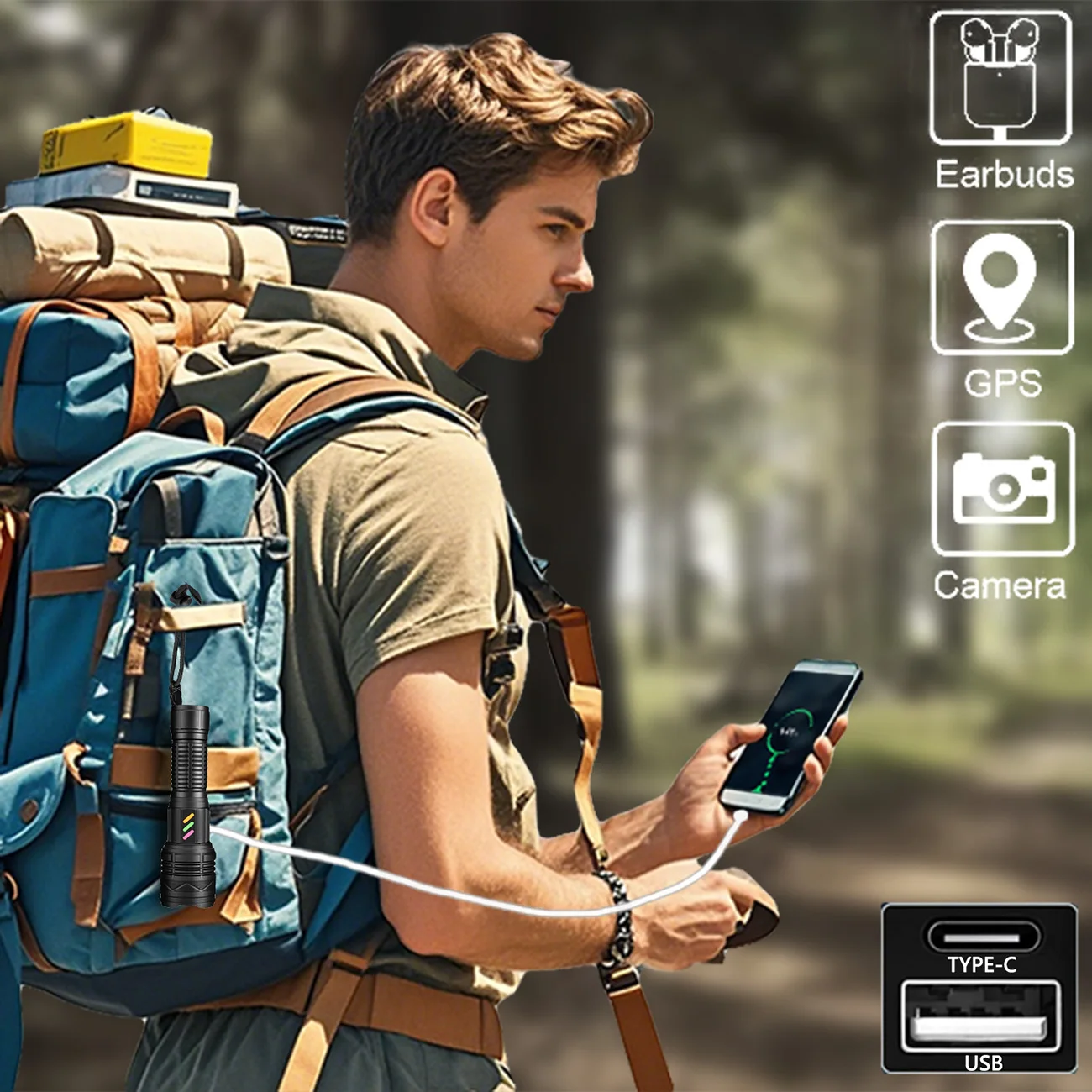 عالية الطاقة التكتيكية الشعلة أقوى مصباح ليد جيب طلقة طويلة فانوس زوومابلي للتخييم في الهواء الطلق المدمج في بطارية 26650 #5