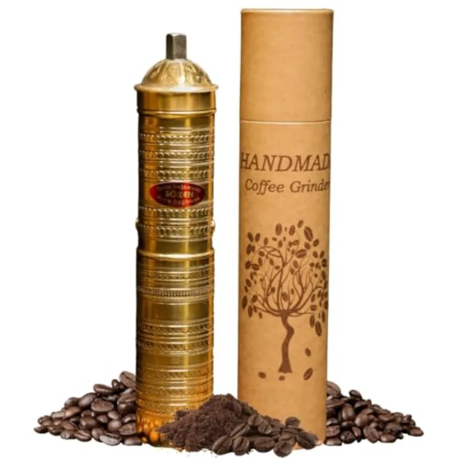 

Sozen Hammered 9" Manual Coffee Grinder Brass Hand Crank Burr Mill for Turkish Coffee French Press Espresso Camping and Home Us