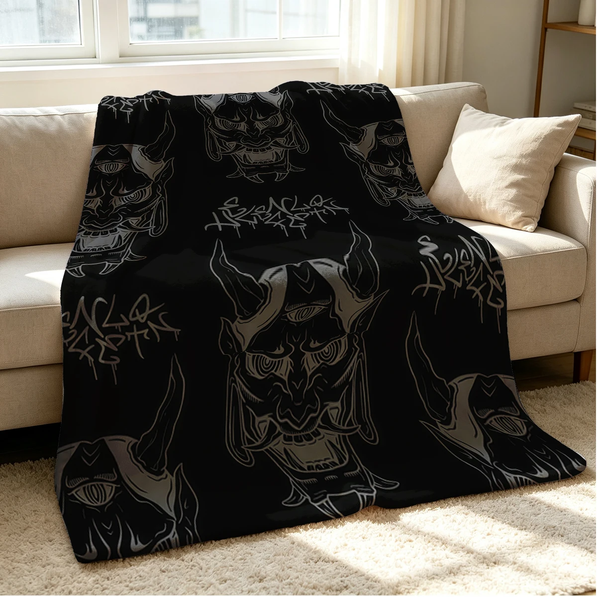 Oni Mask Flannel Blanket Warm Soft Halloween Christmas Couch Warm Cozy Decorative Decor Gift for All Season