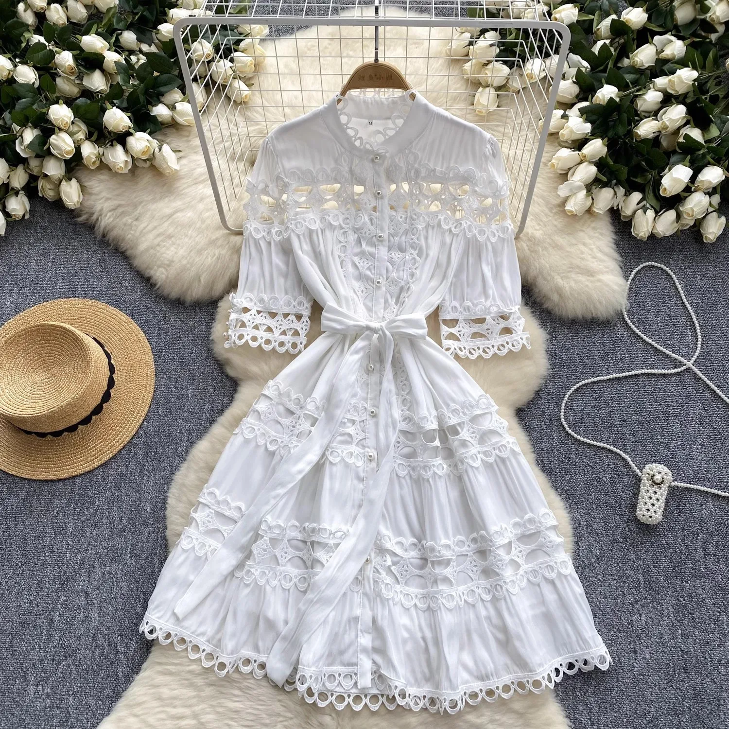 Holiday Crochet Lace Stitching Hollow Out Mini Dresses Summer Women\'s Stand Short Lantern Sleeve Pearl Buttons Lace Up Clothing