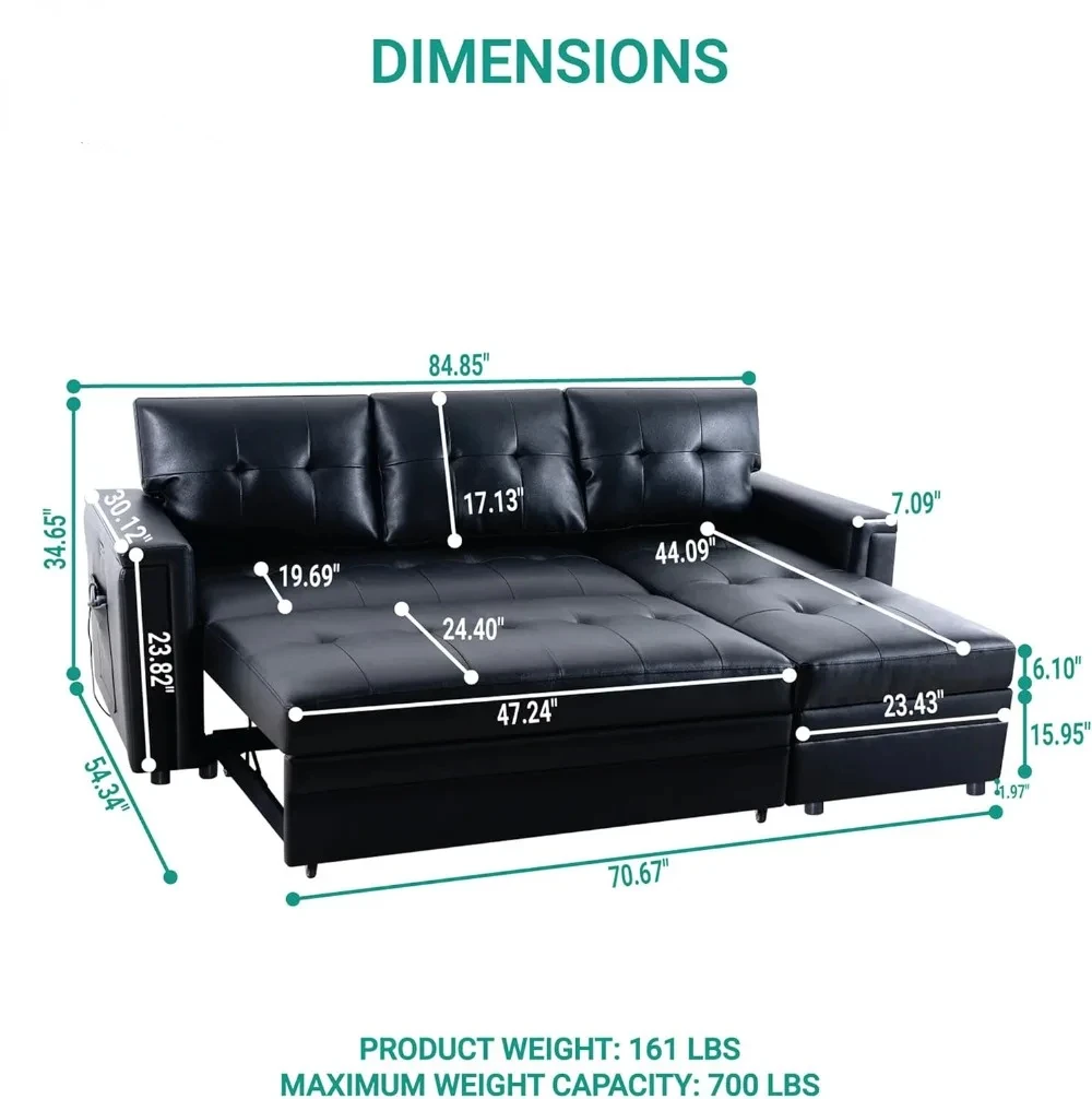 Lily Sectional Sleeper Sofa with USB Ports-L-Shaped Couch Convertible Pull-Out Bed, Ample Storage,Timeless Design,Sturdy