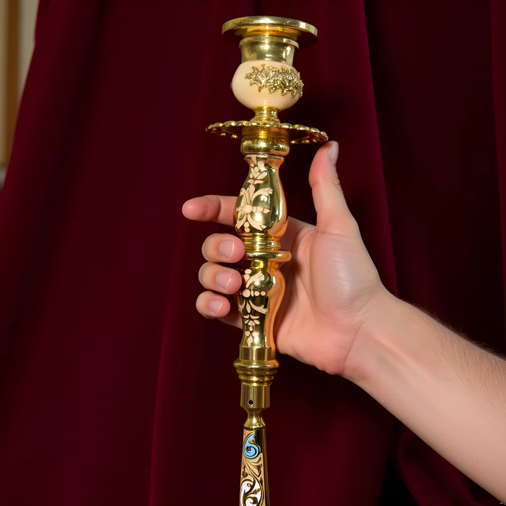 Orthodoxe christelijke handkaarsenhouder, verguld metaal met ingewikkelde gravures en emaille accenten, liturgisch religieus