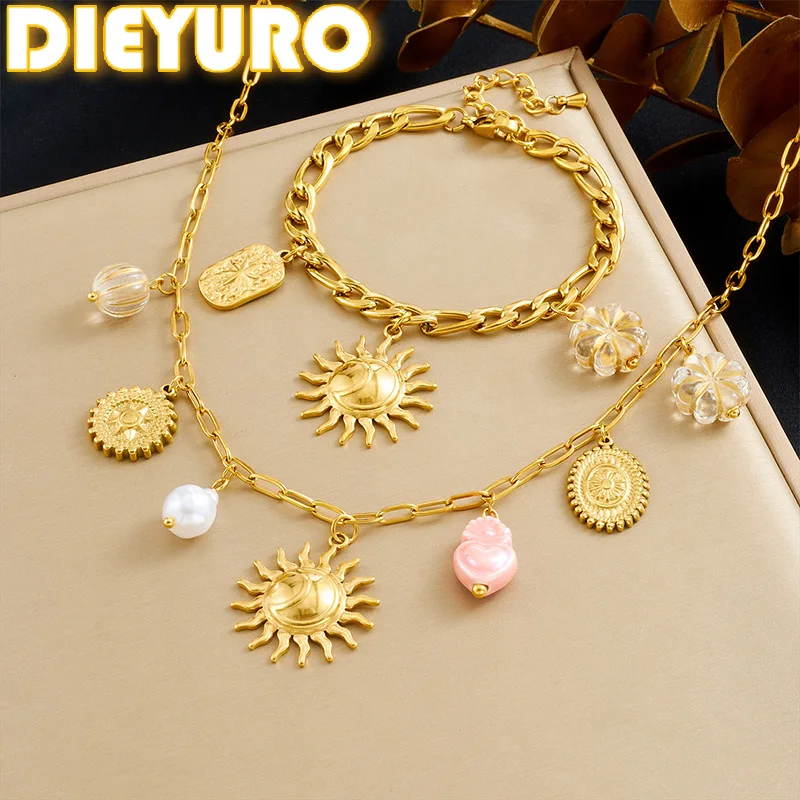 DIEYURO 316L acier inoxydable doré soleil Totem cristal fleur pendentif collier Bracelet ensemble dame nouveau bijoux de mode glamour