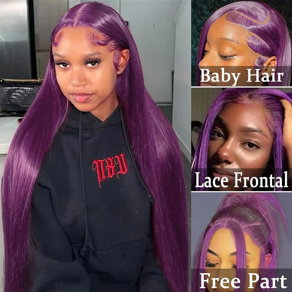 13x4 Dark Violet Straight Lace Front Wig 24 Inch Heat Resistant Synthetic Fiber Pre-Plucked Dark Purple Hairline Wig for Women