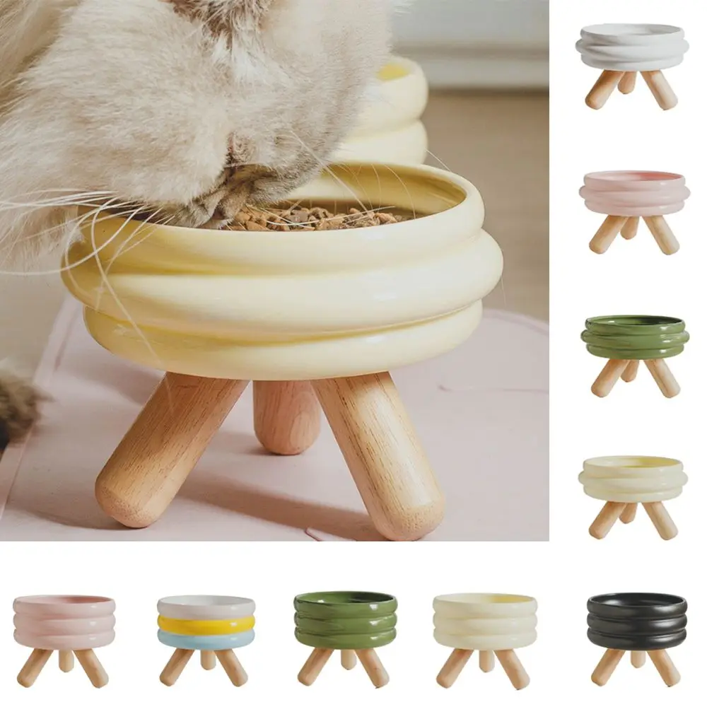 Detachable Cat Ceramic Bowl with Stand Anti-slip Stackable Pet Elevated Feeders Anti Vomit Wood Shelf Raised Ceramic Cat Dishes