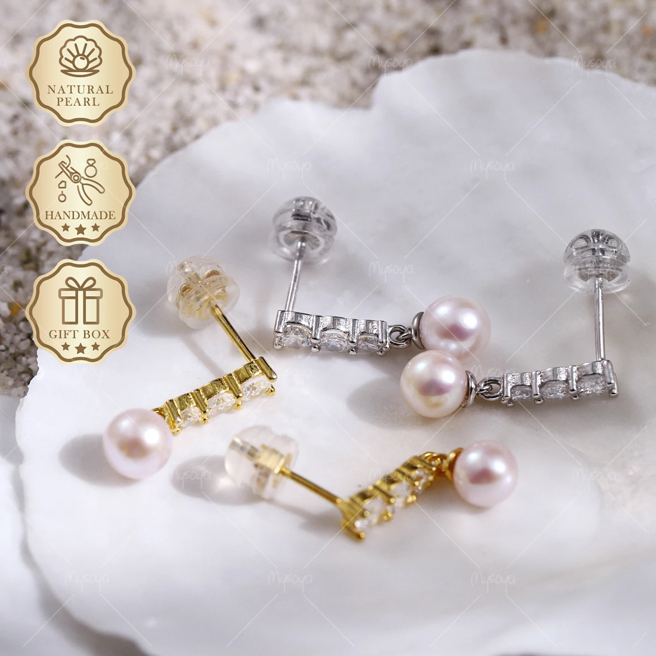 

MYSOYA Pink Akoya Pearl Stud Earrings 5-5.5mm Gold/Silver S925 Studs, Gift Box, Jewelry C323