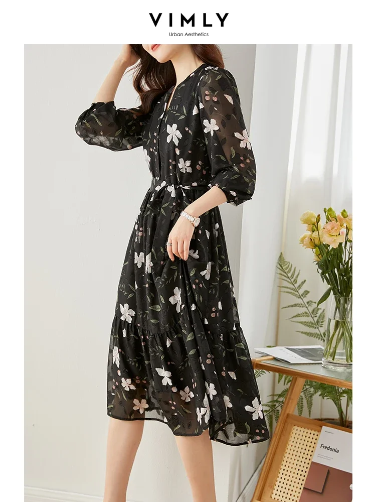 Vimly Chiffon Floral Dress for Women 2024 Spring Vacation Outfit Elegant Vintage Long Sleeve Tie Belt Swing Midi Tiered Dresses