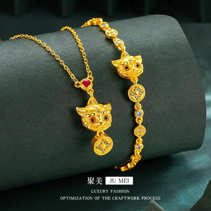 Viora Jewelry Light luxury 24K real gold set diamond Zhaochai pixiu bracelet set chain au9999 pure gold senior sense hand decora