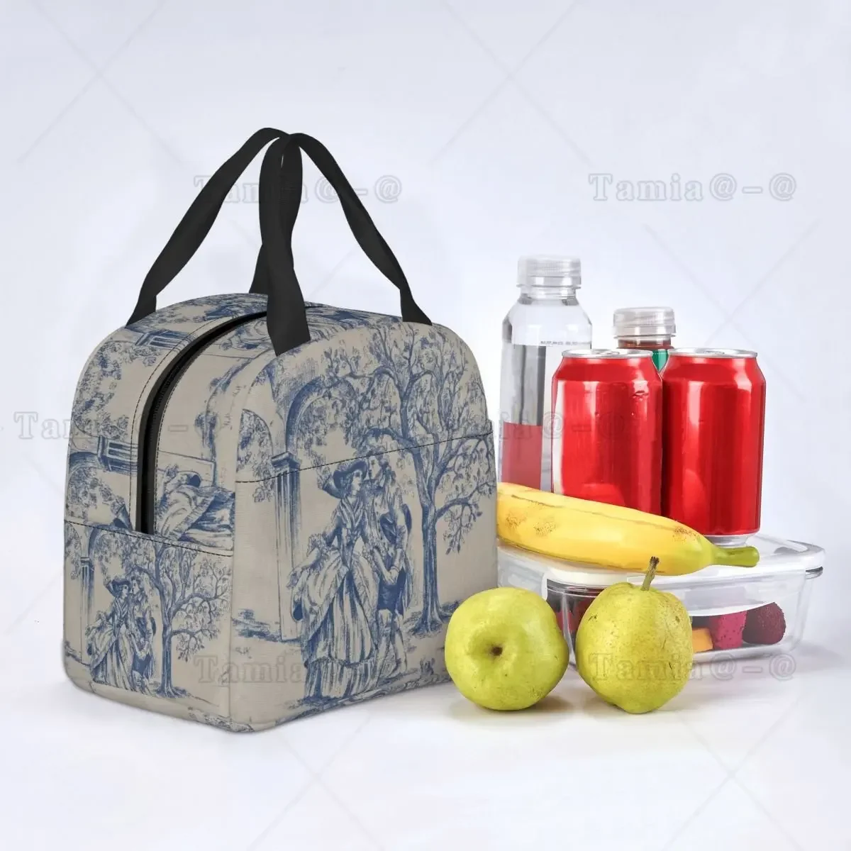 French Toile De Jouy Navy Blue Motif Pattern Thermal Insulated Lunch Bag Lunch Container for Outdoor Picnic Storage Food Box