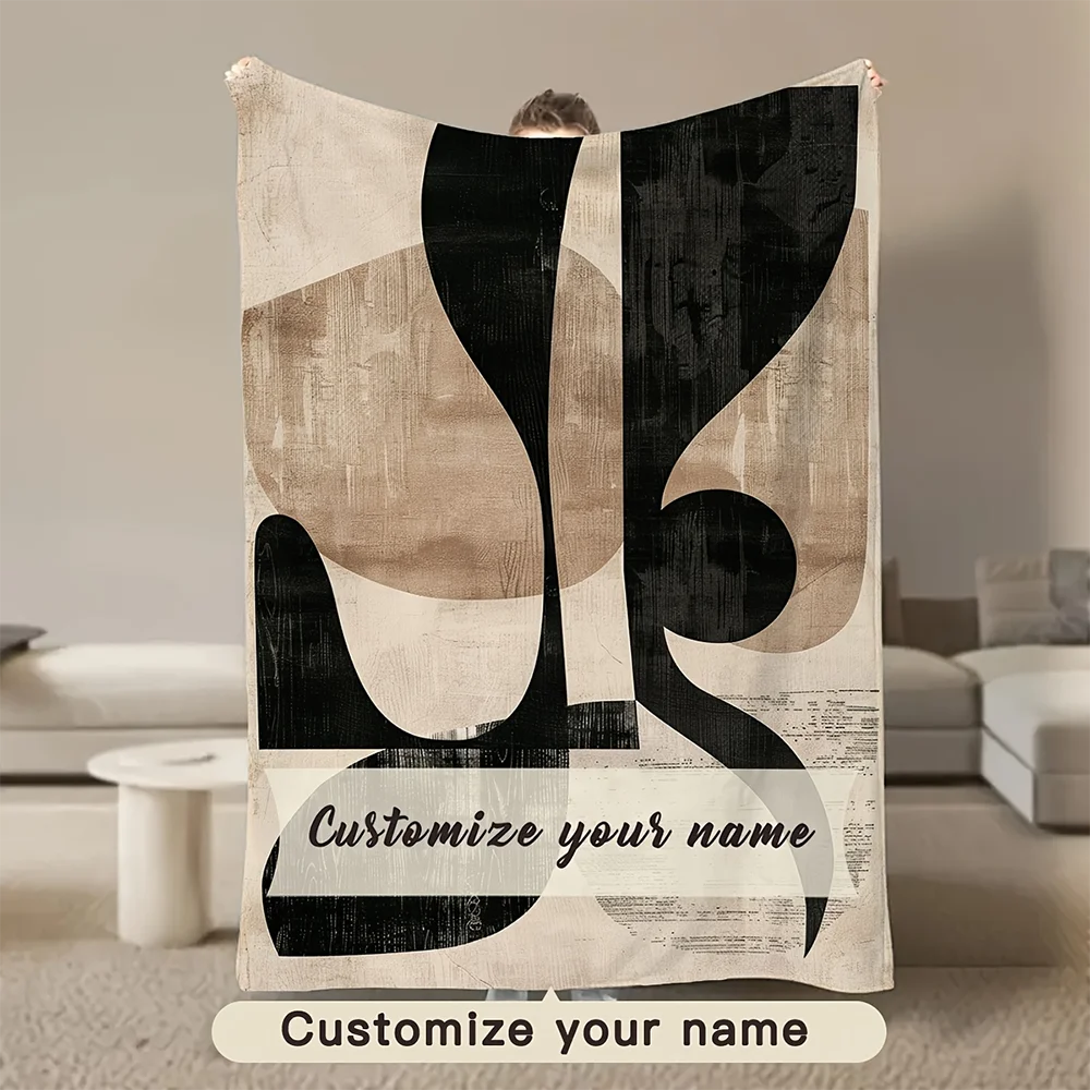 

1pc Custom Abstract Art Personalized Name Blanket, Neutral Boho Customized Throw Blanket for Home Couch Bed
