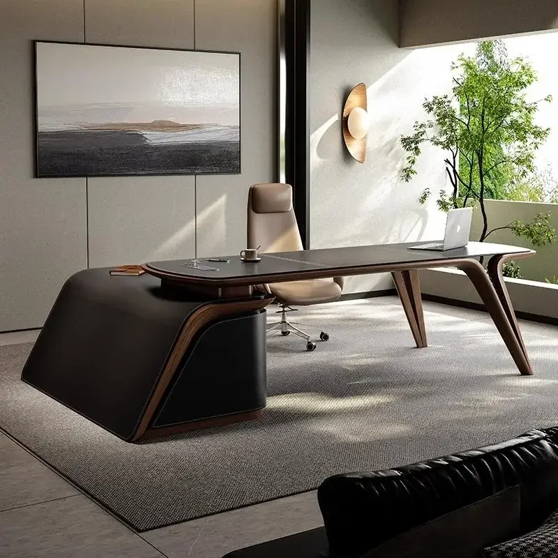 High-end light luxury saddle leather desk, high-end solid wood desk