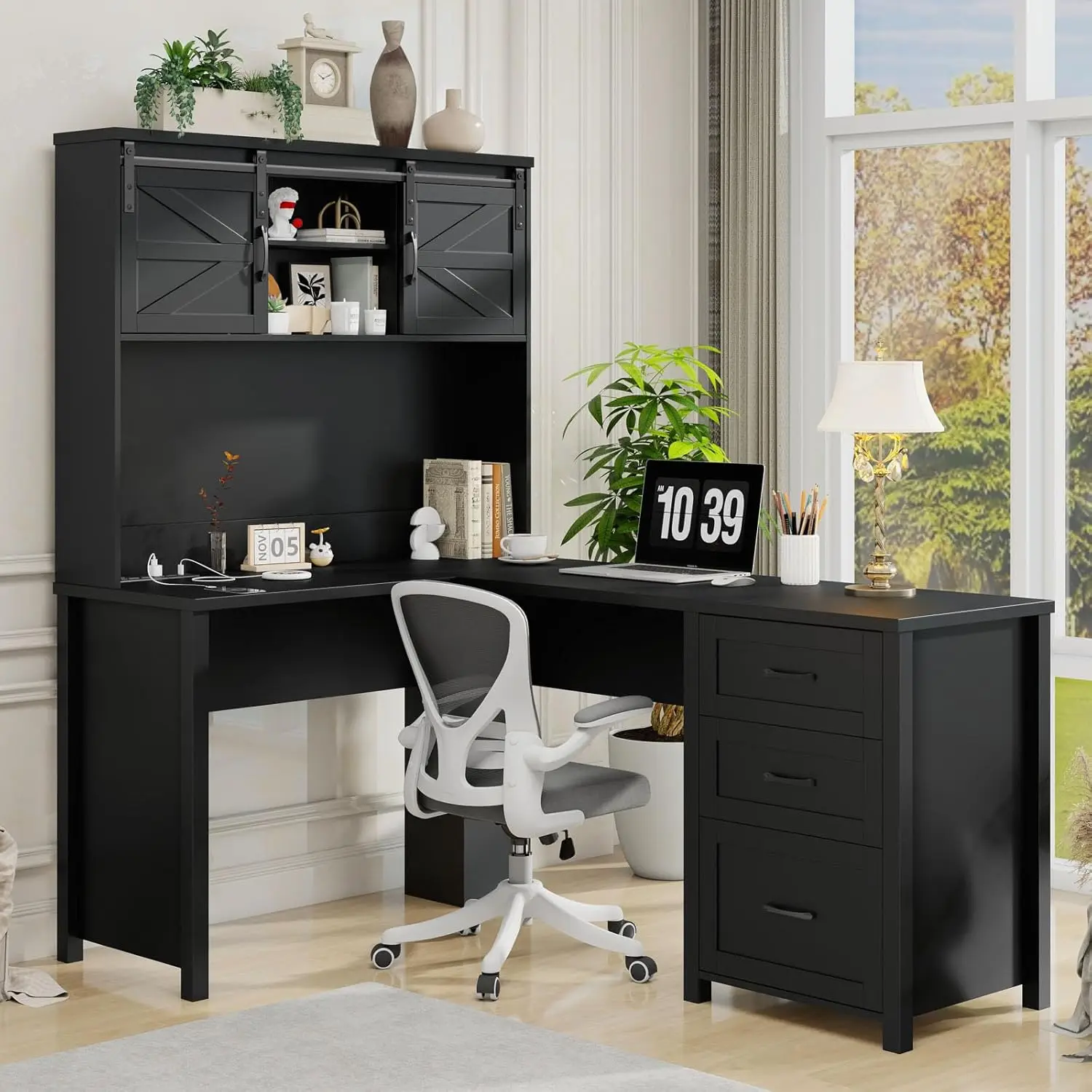 

Farmhouse 68 H L Shaped Desk with Hutch Office Table with 3 Drawers and Sliding Doors Executive Desk with File Drawers