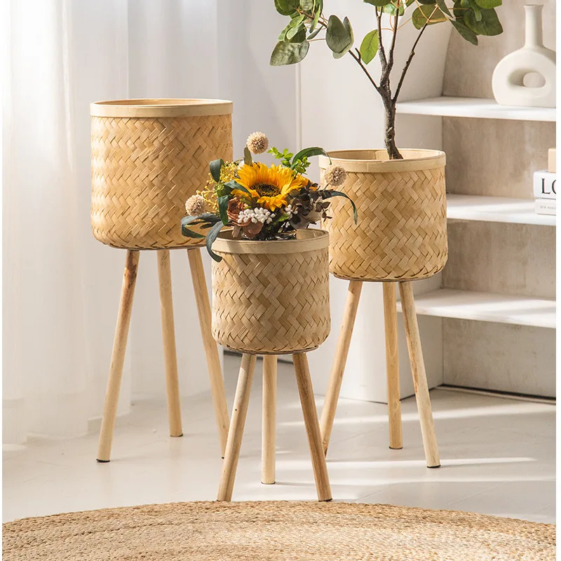 

Rattan Weaving Flowers Stand Living Room High Foot Rack For Plants Multi Functional Storage Shelf Practical Indoor Gardening