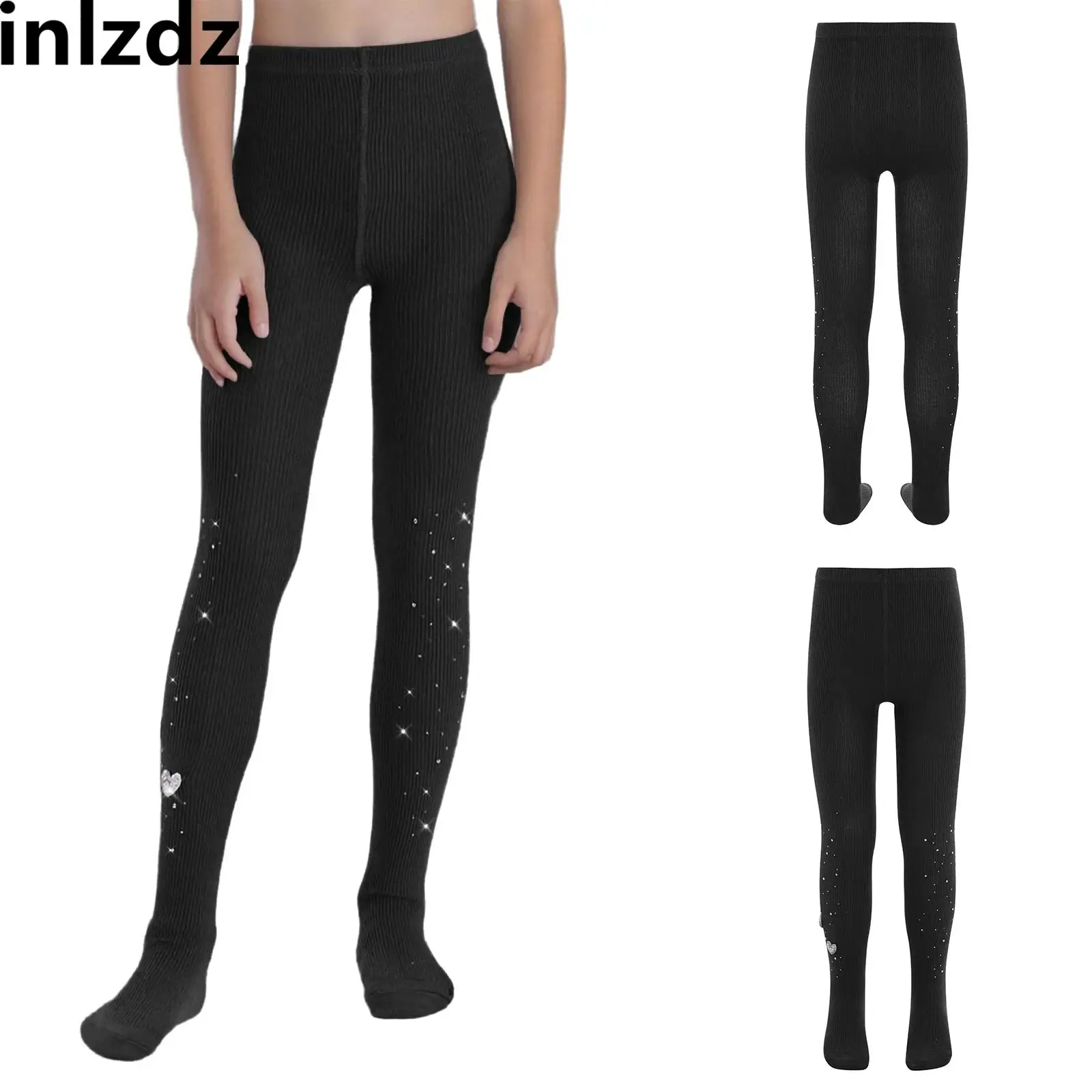 

Kids Girls Teen Cute Hearts Rhinestones Dance Tights Stretchy Ribbed Pantyhose Solid Color Footed Leggings for Birthday Party