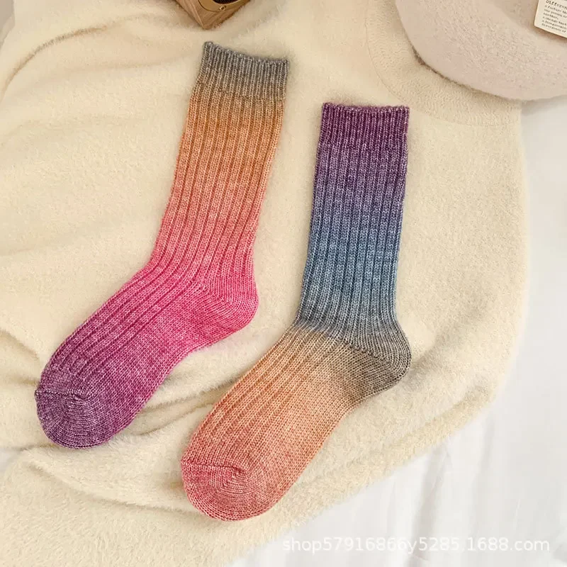 1-10Pairs Rainbow Gradient Wool Socks Warm Mid Calf Winter Stacked Socks Fashion Colorful Cozy Socks for Women Girls