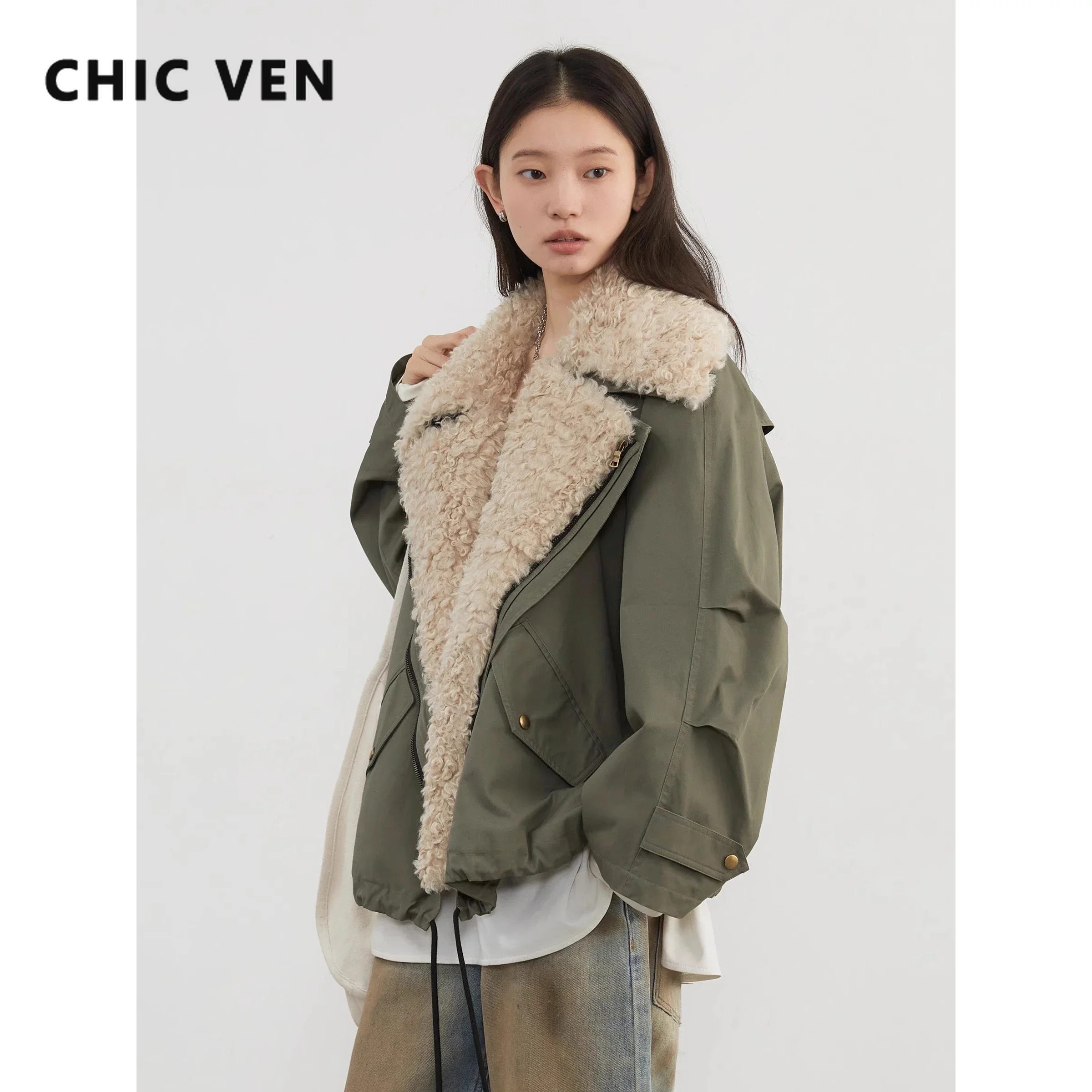 CHIC VEN Women Coats Streetwear Loose Casual New Retro Motorcycle Cotton Jacket Thick Warm Female Overcoat Autumn Winter 2026