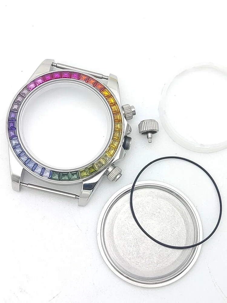 39.5mm Watch Case Suitable For VK63 Movement Sapphire Crystal Glass With Colorful Gemstones Fit 32.5mm Dial Watch Mod DIY Parts