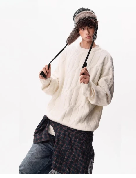 Spring and Autumn American Style Men's Blue and Dark Gray Cable Knit Cardigan Couple Loose Black and Beige Crew Neck Sweater