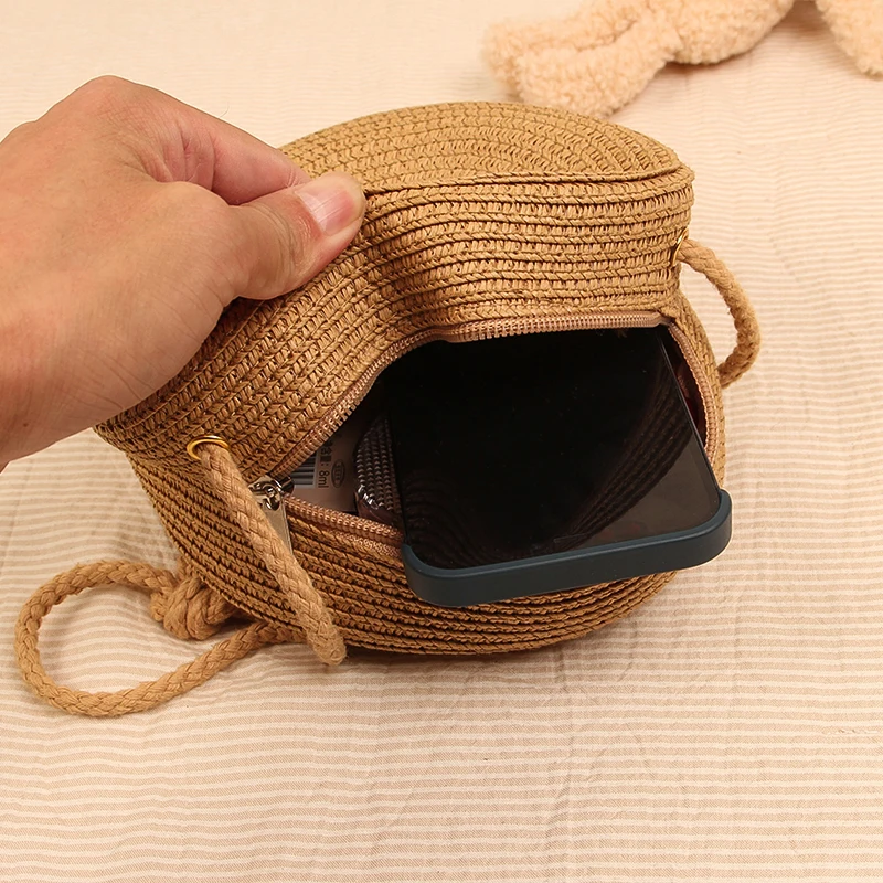 Summer Round Straw Bag For Women Woven Handmade Shoulder Bag New Travel Rattan Beach Bag Casual Style Crossbody Bag Handbag Purs