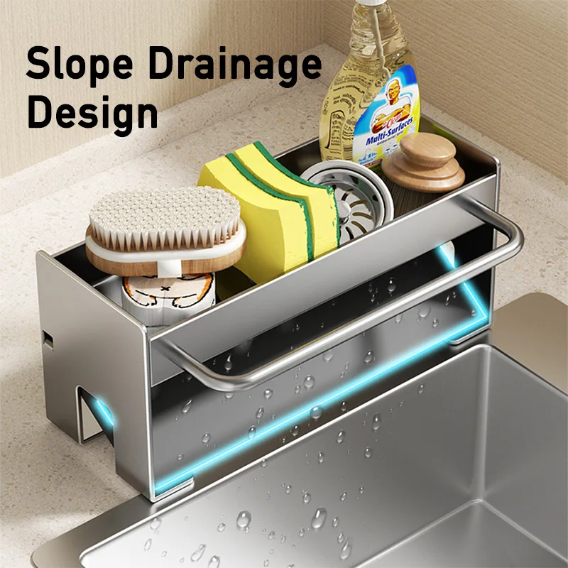 Kitchen Sink Drain Rack Organizer Sponge Holder Stainless Steel Storage Rack Soap Drainer Dishcloth Towel Bar Countertop Shelf