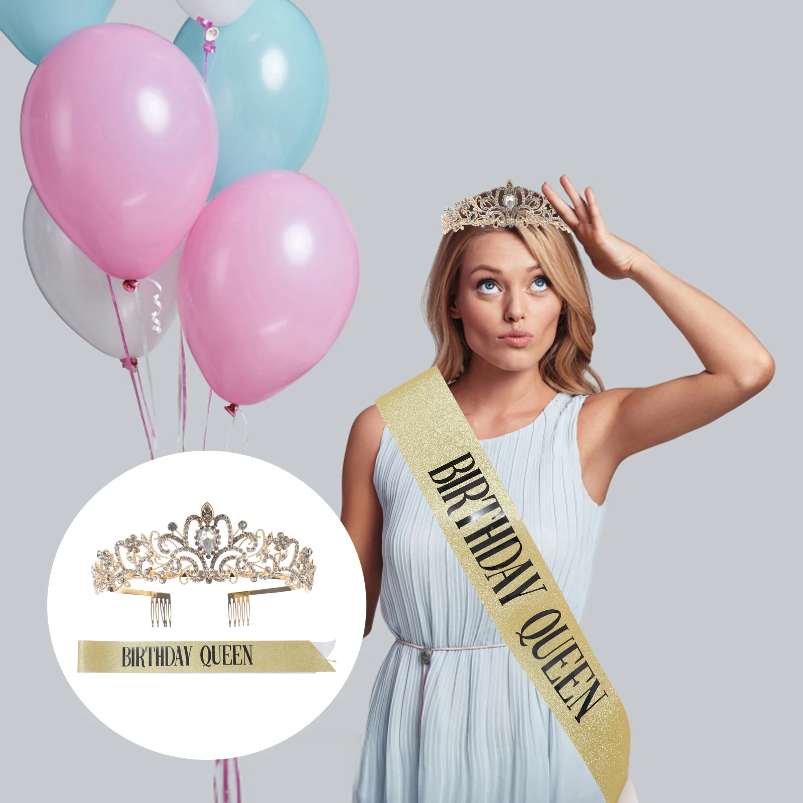 

Crown Strap Gold Silver Birthday Party Rhinestone Tiara Headb Sash Rhinestone Tiara Prop Kit Hair Accessory Girls Gifts