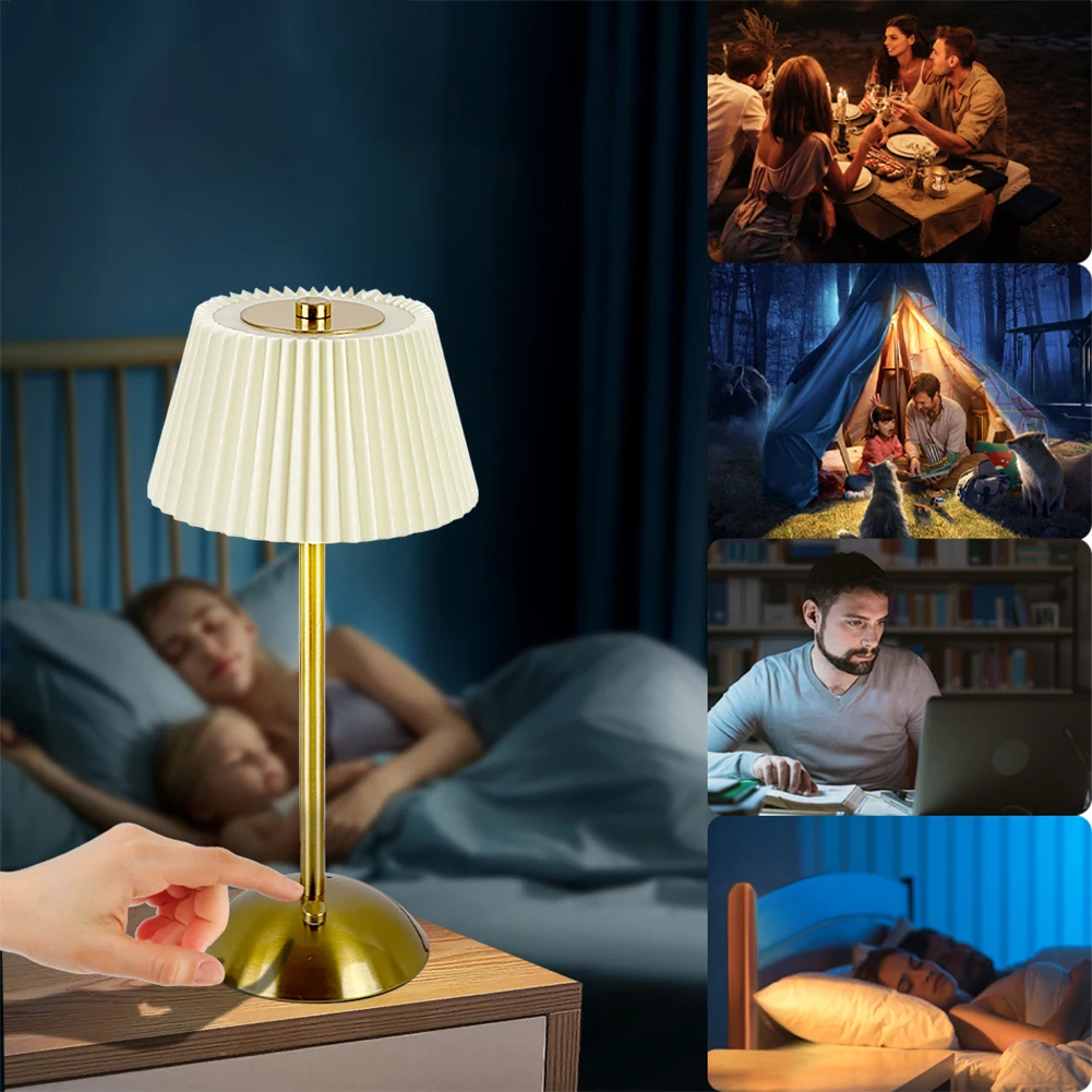 

Cordless Table Lamp Small Night Light USB Rechargeable Portable Metal Desk Lamp Touch Control 3 Light Colors for Outdoor Camping