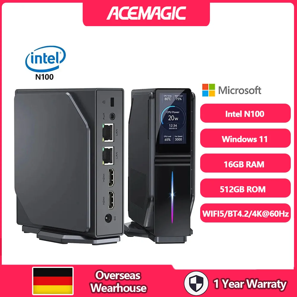 ACEMAGIC S1 Mini PC Gamer Windows 11 Intel 12th Alder Lake N100 DDR4 16GB 512GB WIFI5 Bluetooth 4.2/VGA Gaming Computer