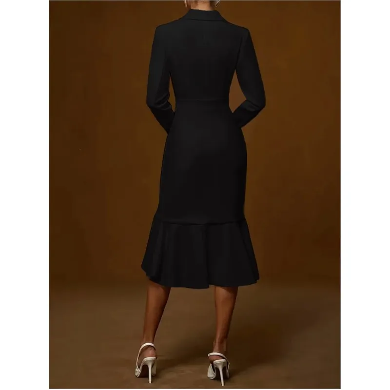 Abito da pendolarismo alla moda 2025 Vita alta Slim Tinta unita Casual Volant Abito a coda di pesce Scollo a V Manica lunga Serata di festa per signora