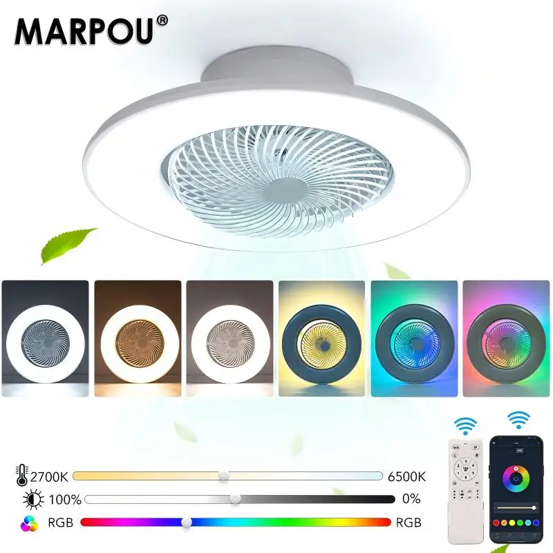 MARPOU Smart RGB Ceiling Fan Light 6-Speed Quiet APP Remote Control New RGB Backlight Fan Lamp 360° Rotating Ambient Light Home