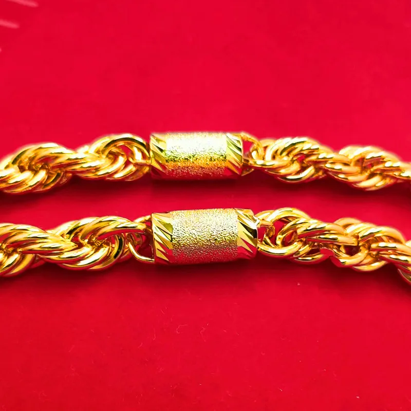 9999 gold cylindrical twisted necklace string for men, elegant and masculine, with shining flower designs.