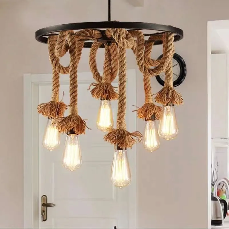 

Industrial Style Retro Lamps Wheel Art Chandeliers Simple Decorative Lamps Personalized Creative Hemp Rope Pendant Lights