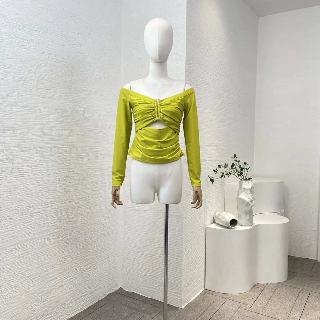 

2024 New Cut Out Solid Yellow Long Sleeve Zipper Pullovers Slash Neck High Quality Folds Women Tops Blouse