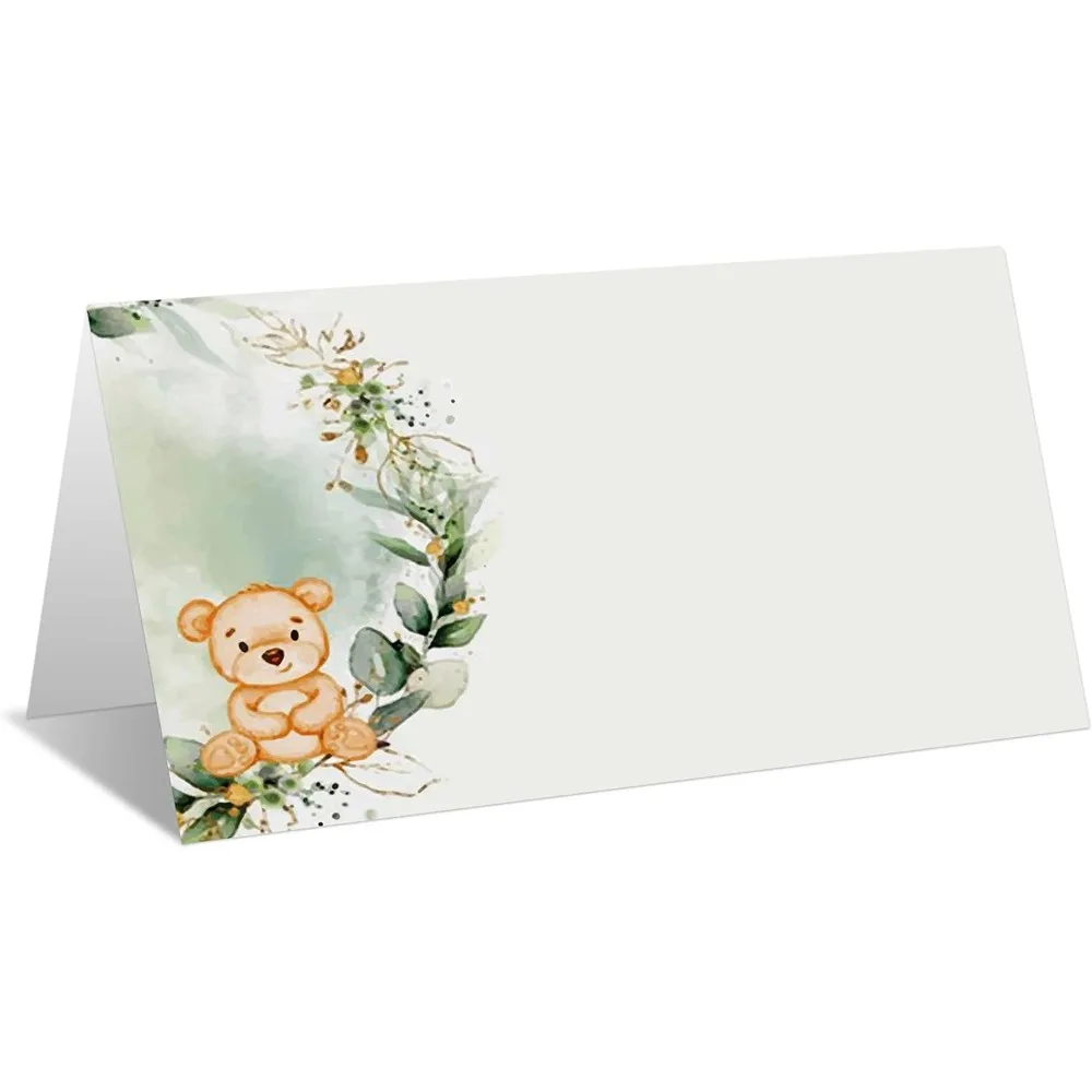 

Place Cards for Greenery Bear Party, Editable Name Place Cards, Seating Place Cards for Tables, Tent Style Cards for Baby Shower