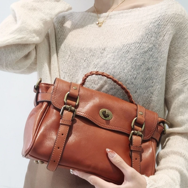 England Style Classic Handbags Women\'s Messenger Bags Retro Natural Cowhide Leather Satchel Female Shoulder Crossbody Bag Purses