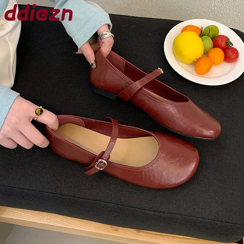 

2025 Soft Footwear Round Toe Women Ballet Flats Shoes Casual Female Shallow Fashion Buckle Strap Ladies Mary Janes Flats Shoes