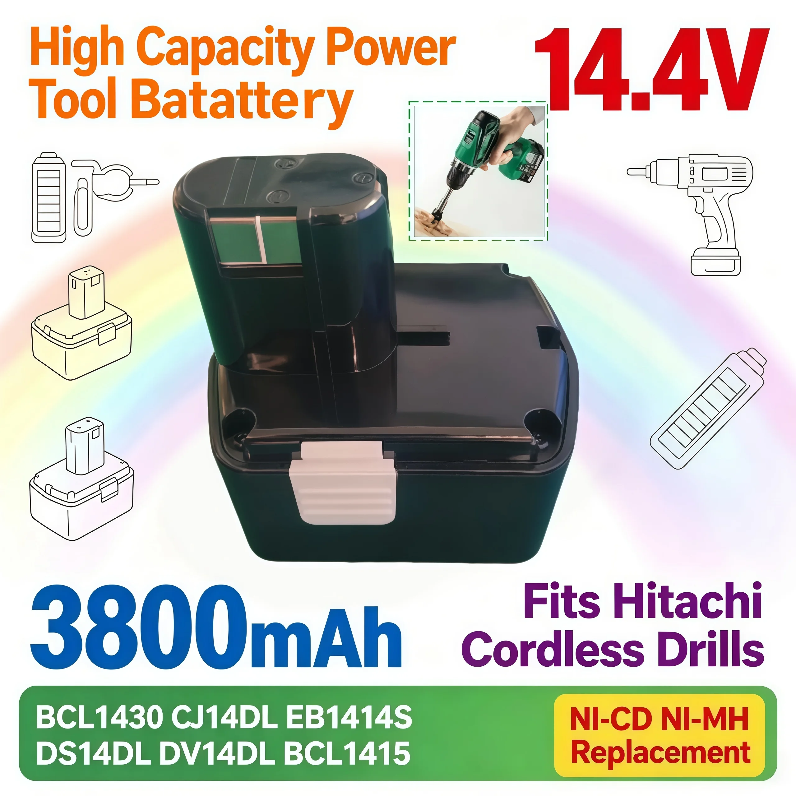 14.4V Replaceable Power Tool Battery 3800mAh NI‑MH Fit Hitachi BCL1415 BCL1430 DS14DL DV14DL CJ14DL EB1414S