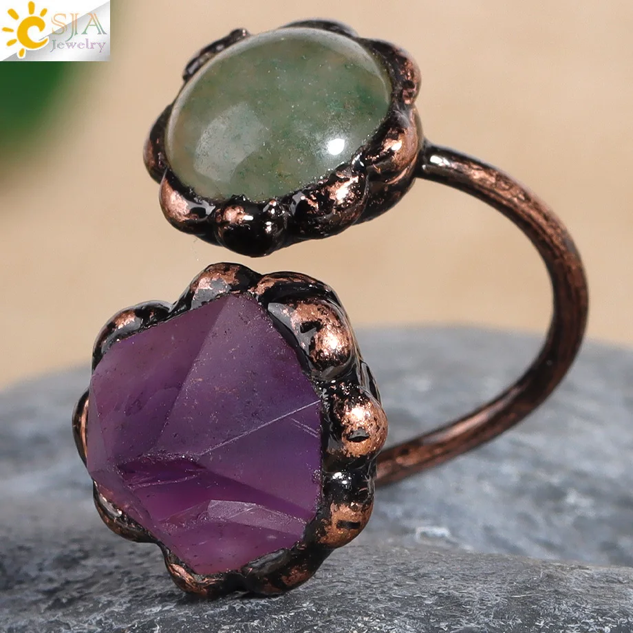 CSJA-Anillo abierto con cristales irregulares para hombre y mujer, piedra Natural, ojo de tigre, obsidiana negra, amatistas, anillos ajustables para dedo H613