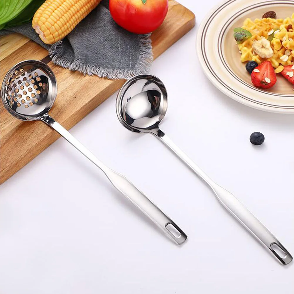 

2Pcs Soup Spoon Colander Set Stainless Steel Long Handle Scoop Cooking Ladle for Home Restaurant Kitchen Soup Spoon