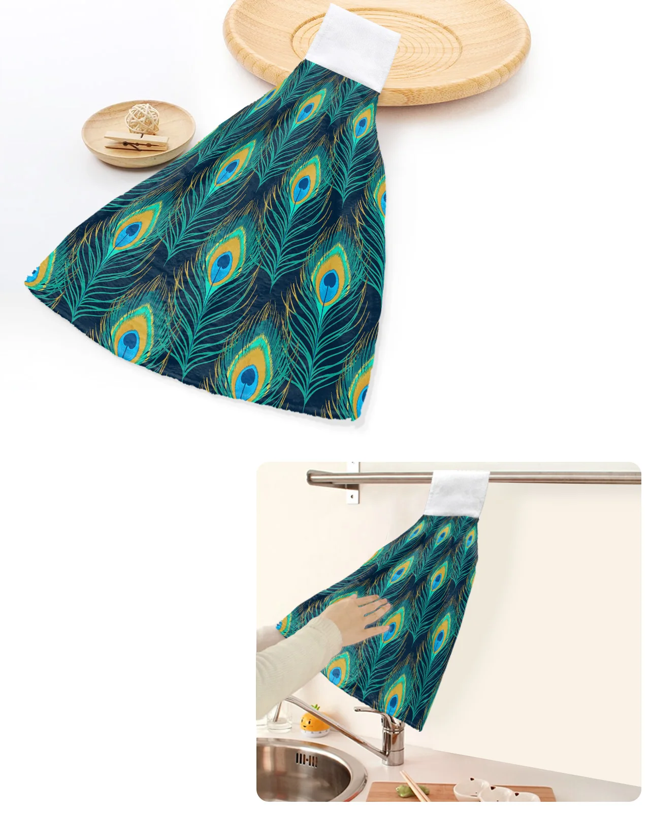 Peacock Feather Cyan Hand Towels Home Kitchen Bathroom Dishcloths Hand Towel With Hanging Loops Quick Dry Soft Absorbent Towels