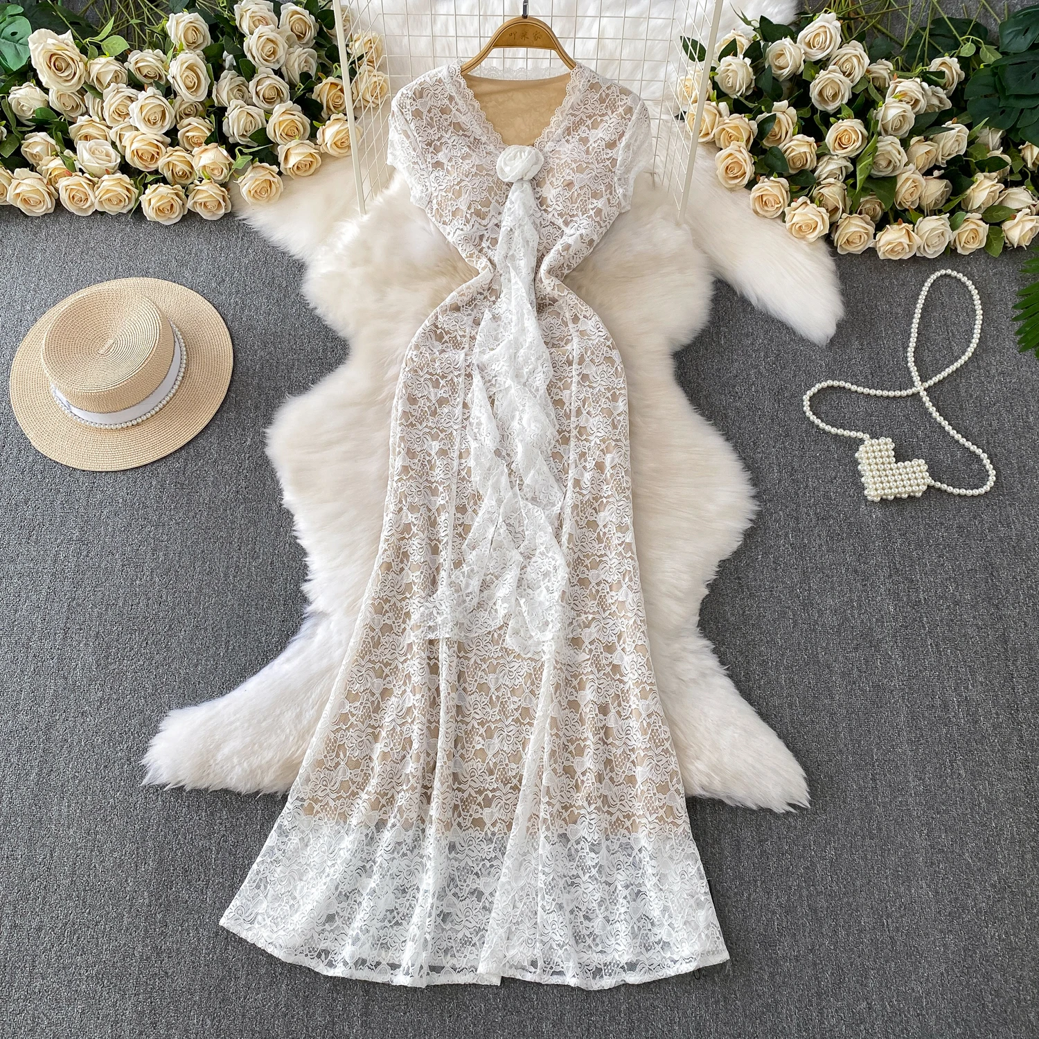 

Сексуальное кружевное платье с короткими рукавами, шикарное винтажное вечернее клубное платье, женское шикарное тонкое пляжное платье