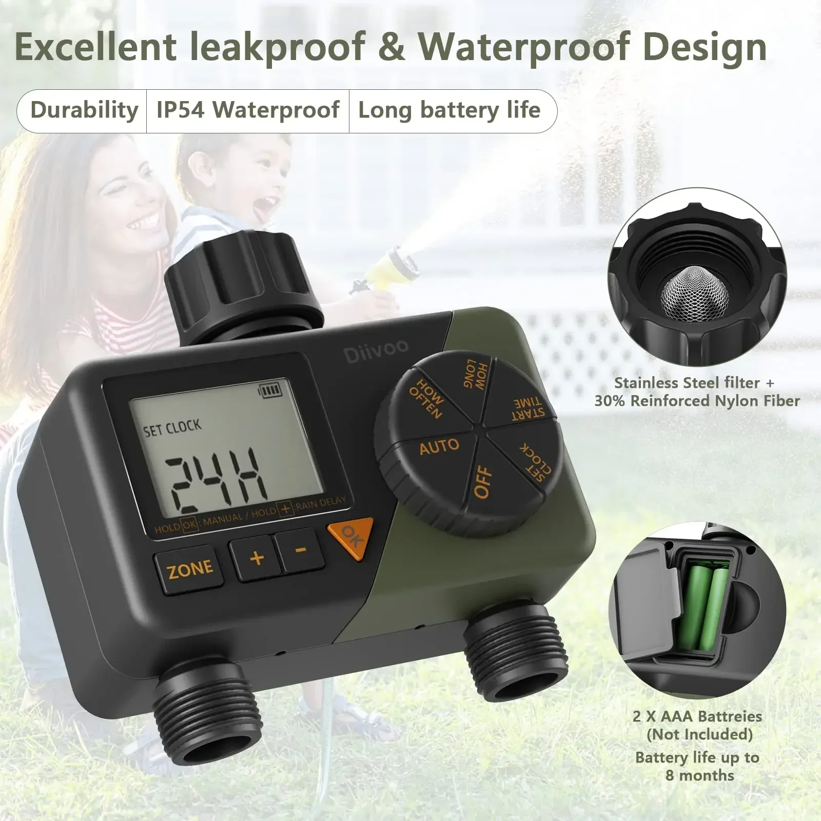 Diivoo Programmable Water Hose Timer 2 Outlet for Garden, Automatic Irrigation Timer IP54 with Rain Delay/Manual/Auto Mode